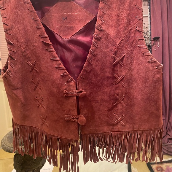 Jackets & Blazers - Wine / burgundy color leather fringe vest